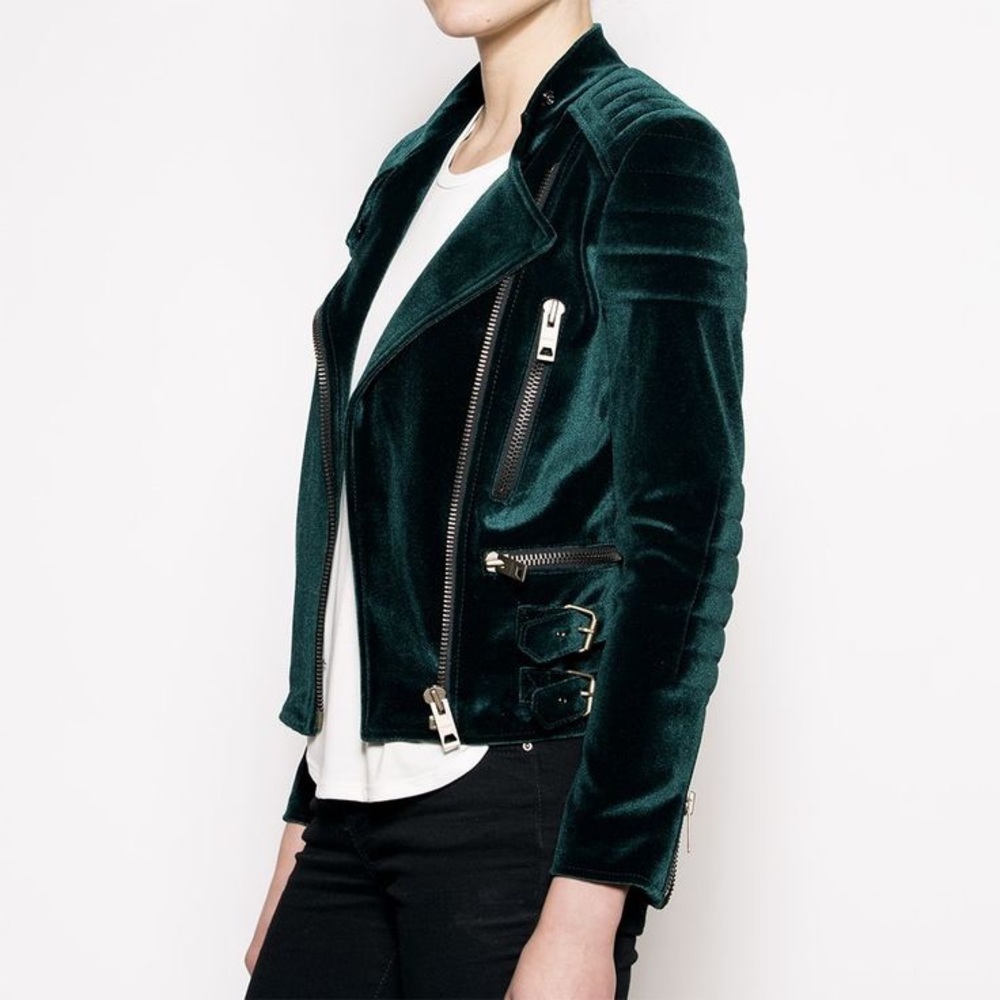 LXLS Dark Green Velvet Moto Jacket N272-28 - Picture 1 of 8